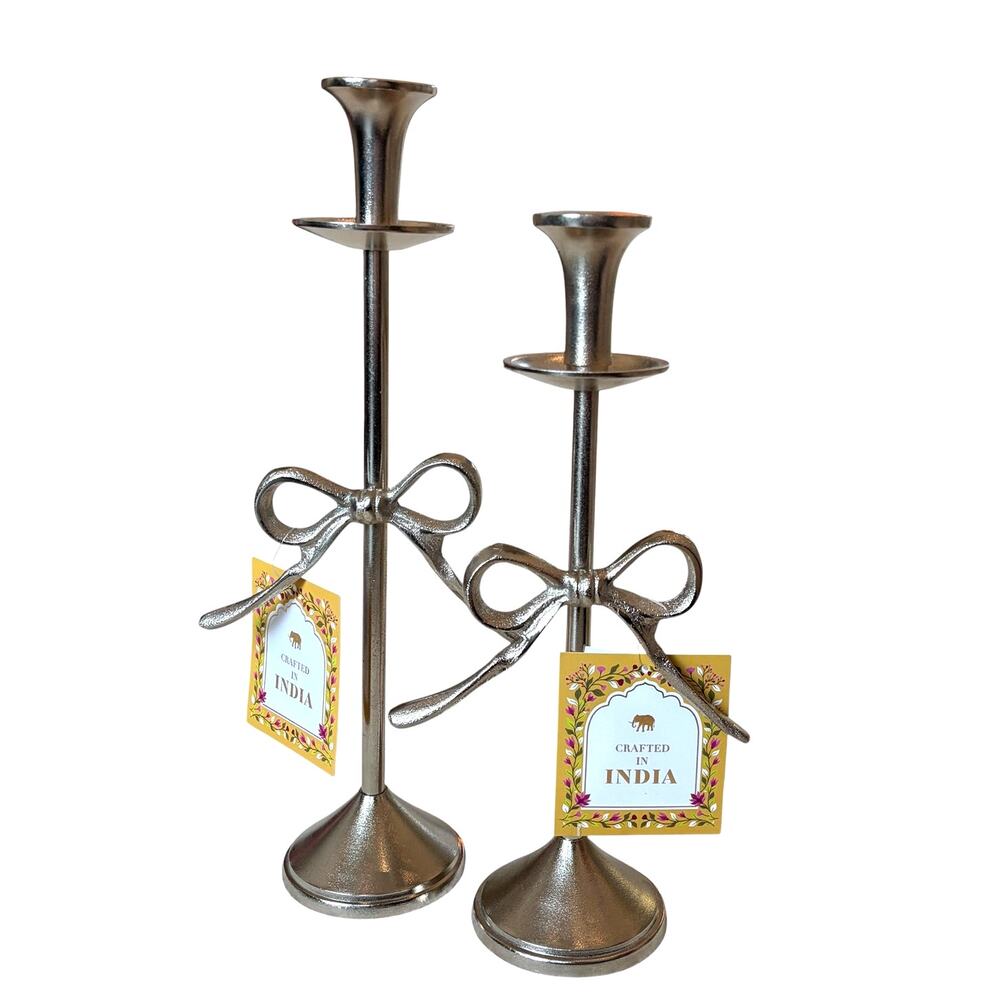 Set of 2 Silver Metal Bow Taper Candle Holders 14in & 12in Made in India NEW